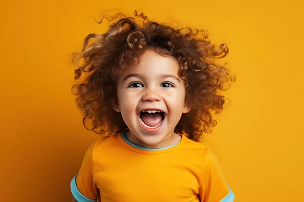 Kid with only a few teeth smiling at camera with bright orange background